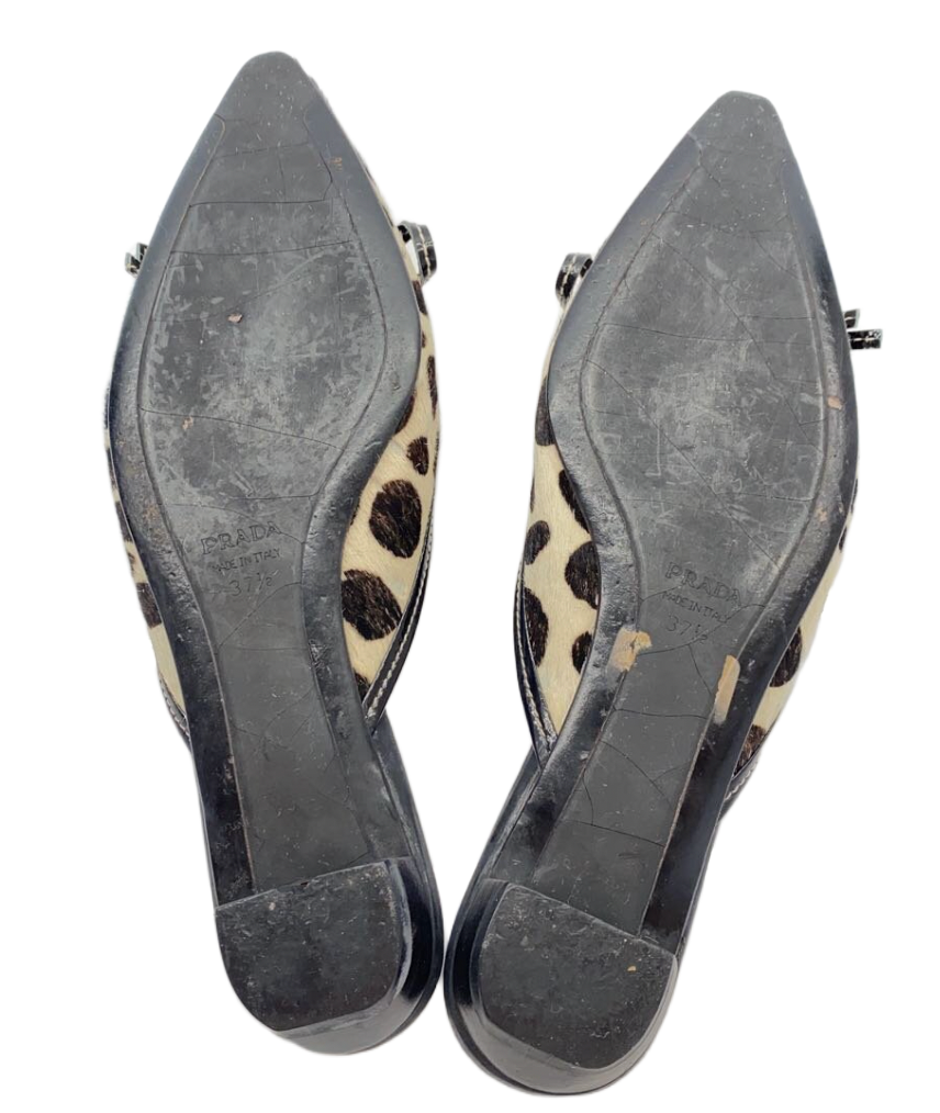Prada Polka Dot Fur w Floral Corsage Flats Sz 37.5