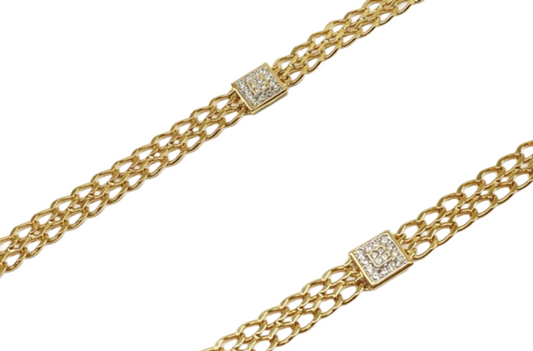 NINA RICCI Double Chain Clear Stone Long Necklace with Dust Bag Gold Color Square Rhinestone