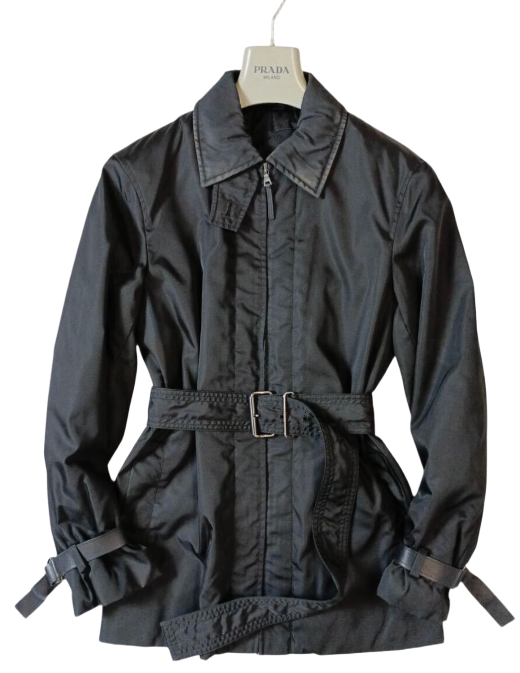 Prada nylon leather collar buckle sleeve and belt coat