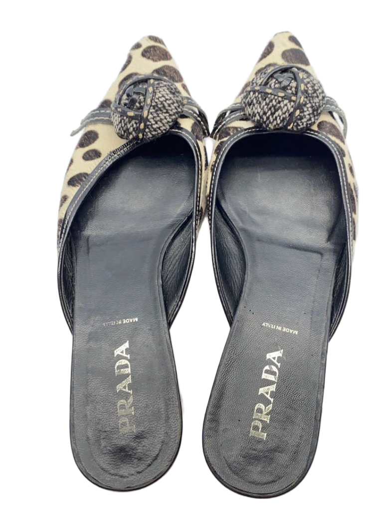 Prada Polka Dot Fur w Floral Corsage Flats Sz 37.5