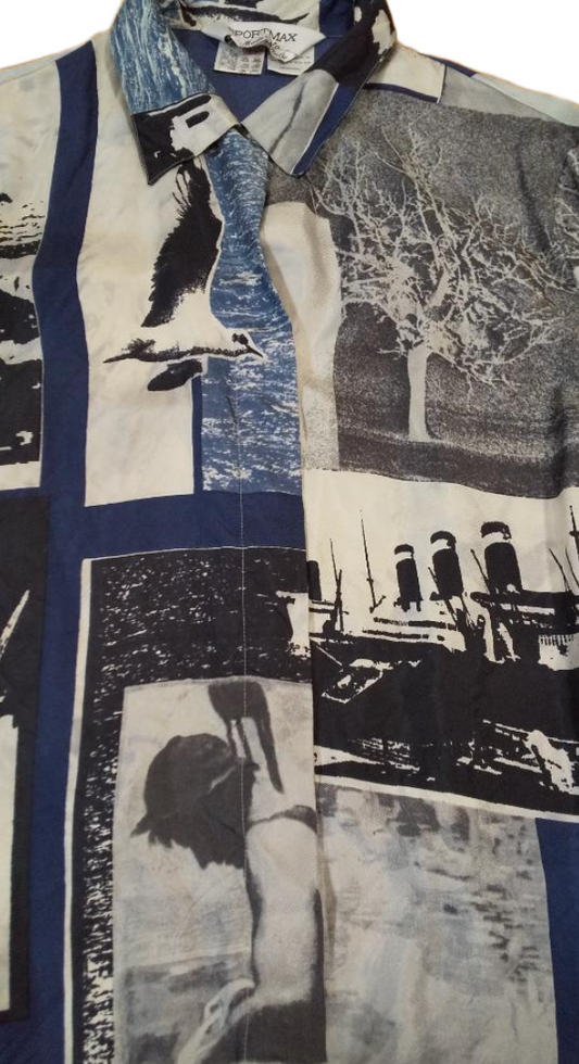 Sportmax Silk Postcard Graphic Photograph Blouse Button Down LS