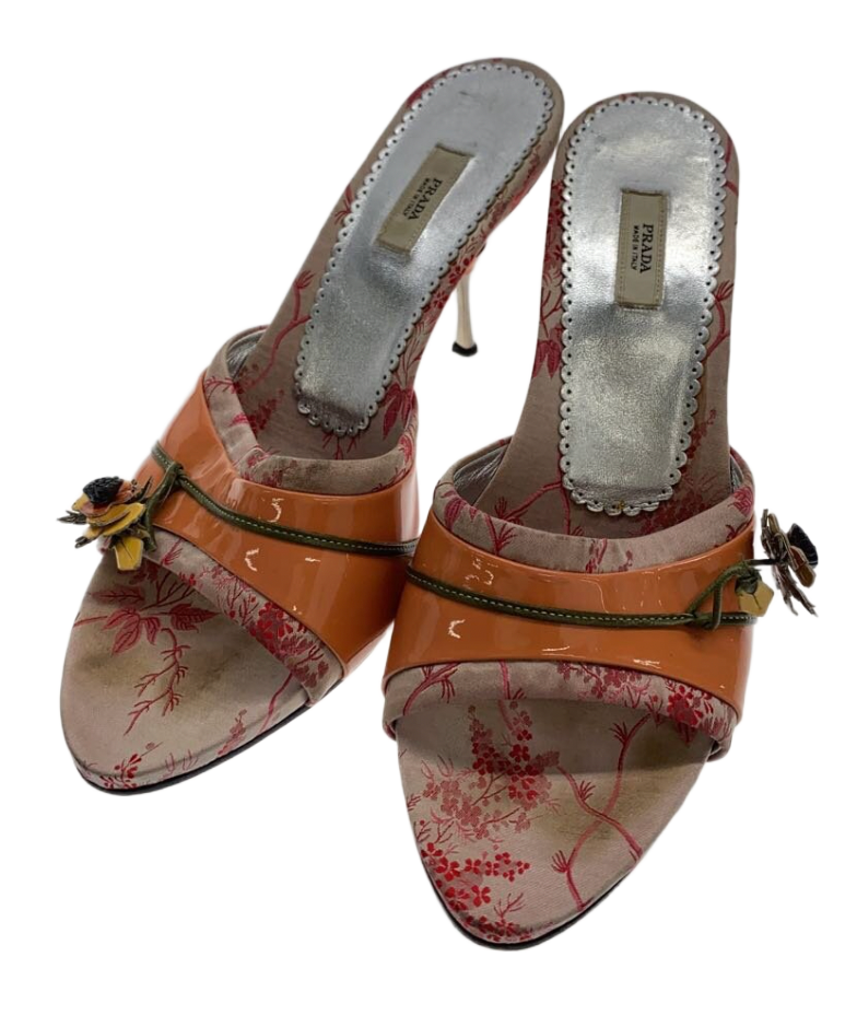 Prada Jacquard Floral Patent w Floral Applique Metal Heel sz 38