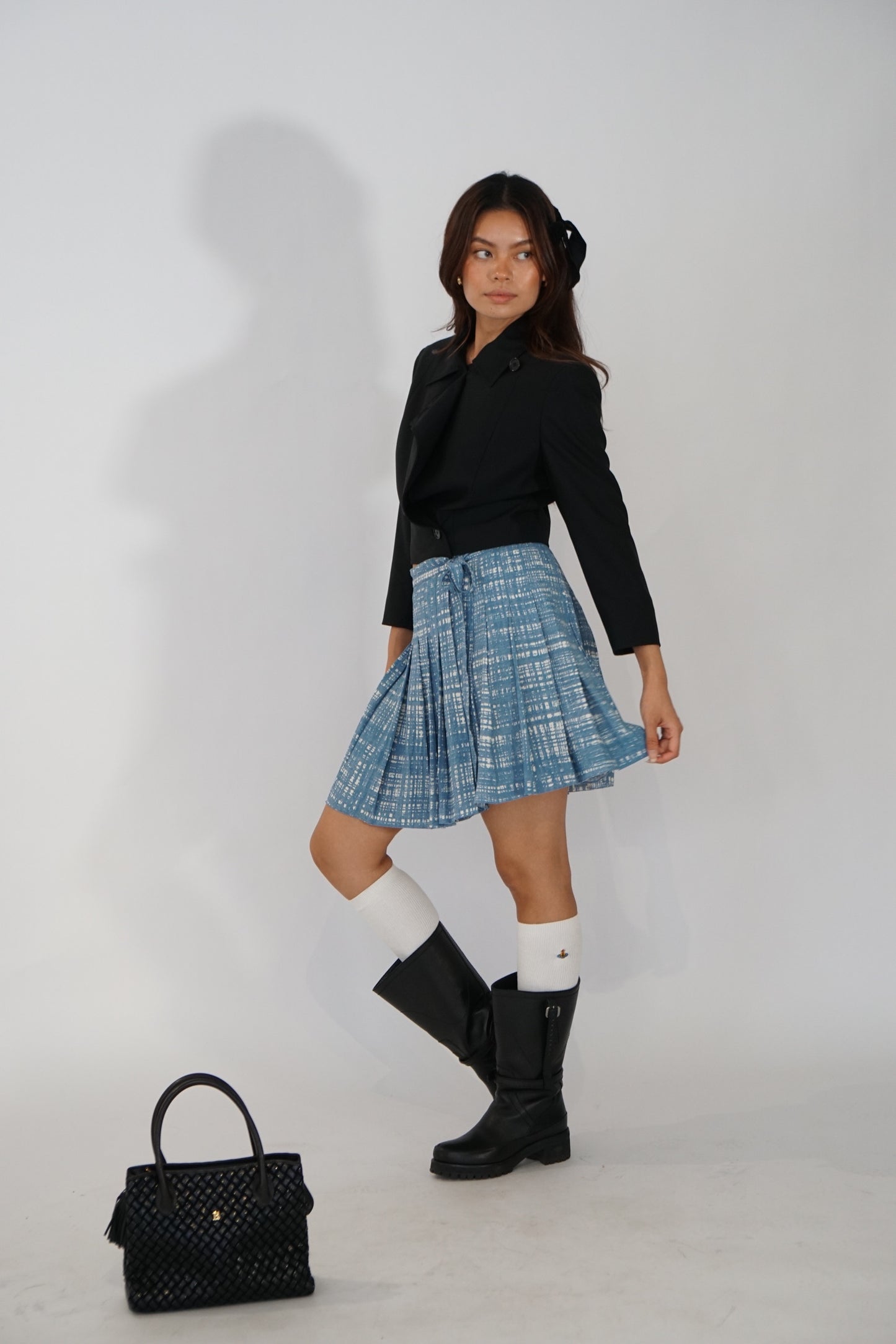 Prada Checkered Square Blue White Pleated Wrap Skirt