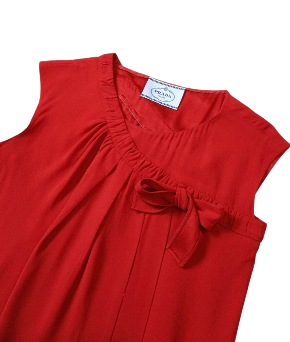 Prada Red layered pleat sless shift Dress w Bow