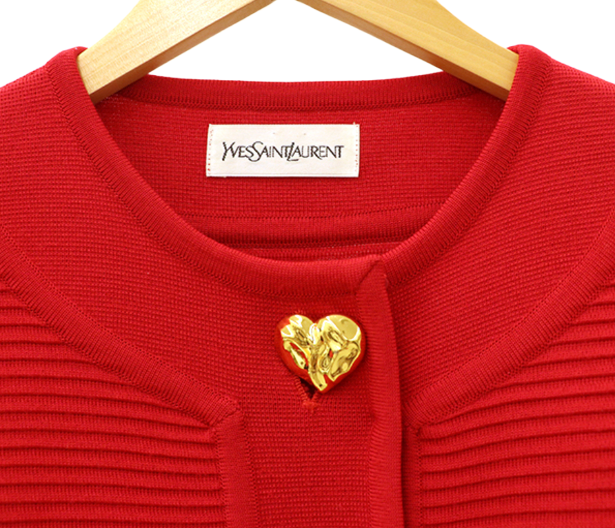 Yves Saint Laurent Knit Red Ribbed Dress w Heart Buttons