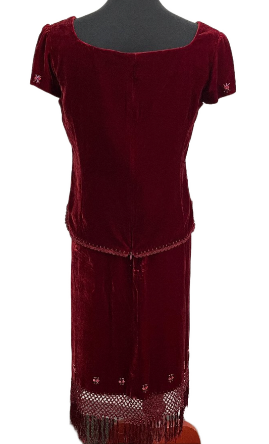 Miss Chloe Velvet Velour SS Square Neck Fringe Beaded Top Skirt Set