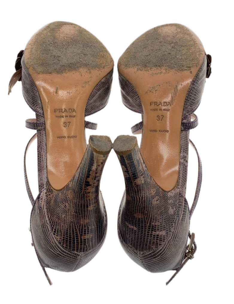 Prada sz 37 Snake skin round toe floral appliqué strap heels
