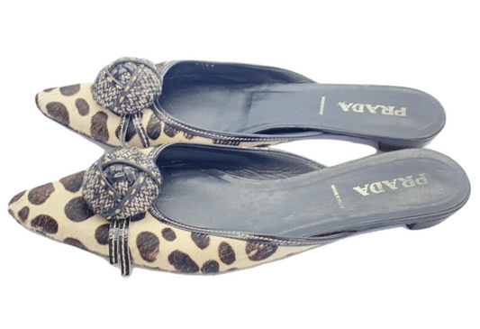 Prada Polka Dot Fur w Floral Corsage Flats Sz 37.5