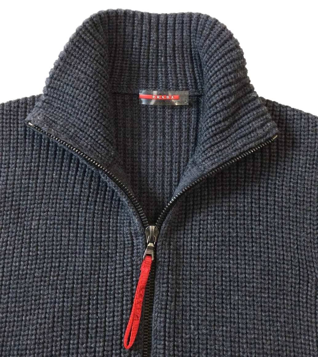 Prada Wool Knit Vest Full Zip Belted Sweater Jacket Gray