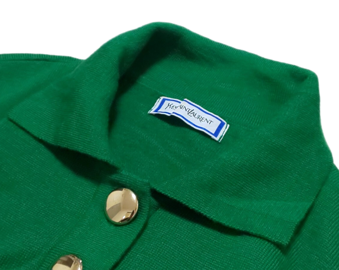 Yves saint laurent LS green polo gold 1/4 button down rhinestone logo knit