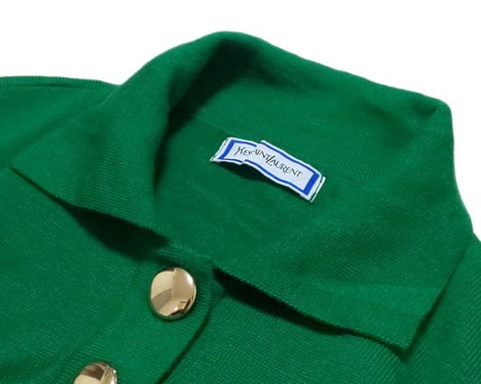 Yves saint laurent LS green polo gold 1/4 button down rhinestone logo knit