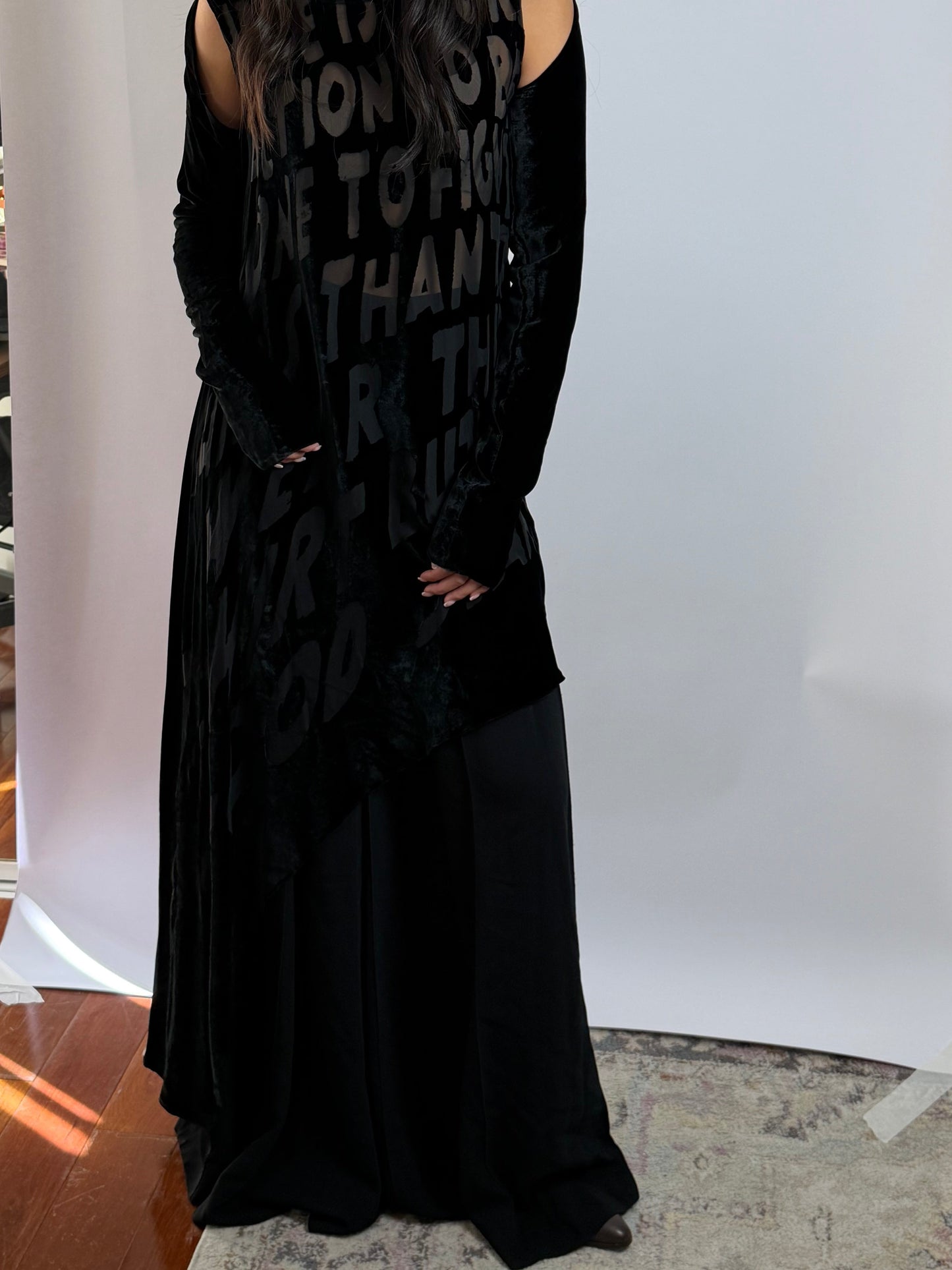 MM6 Maison Margiela Velour Dress, Knee-Length LS Assymetrical Script Sz38