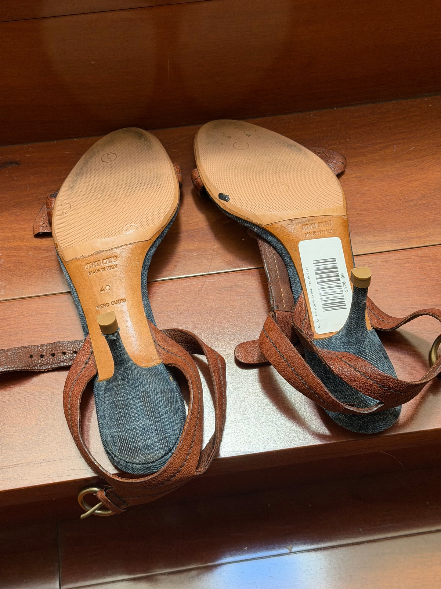 Miu Miu Floral Denim Leather Sandals Sz 41