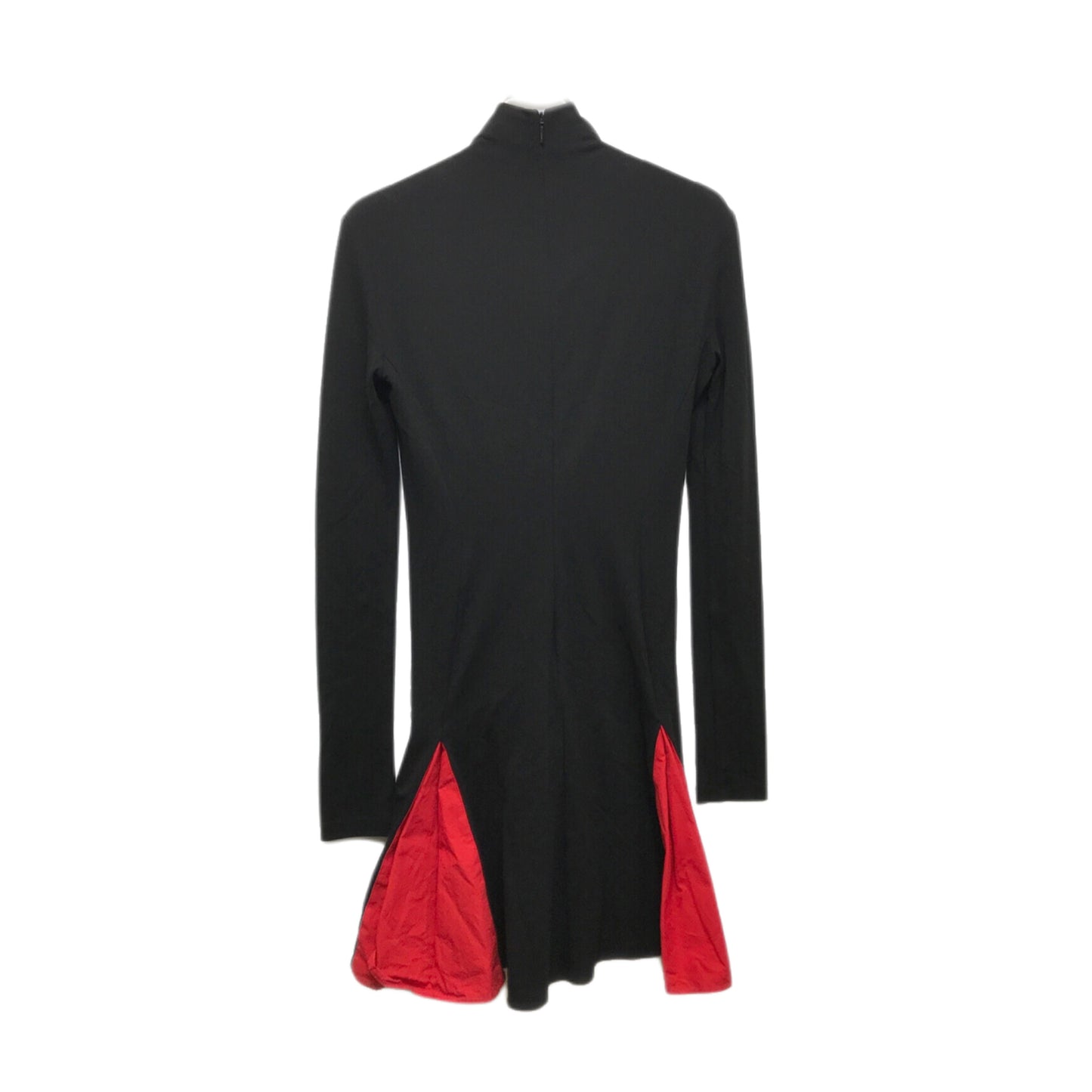 Salvatore Ferragamo Red Black LS Mock Neck Mini Dress w Pleat Bubble Skirt