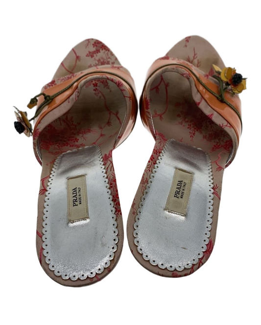 Prada Jacquard Floral Patent w Floral Applique Metal Heel sz 38