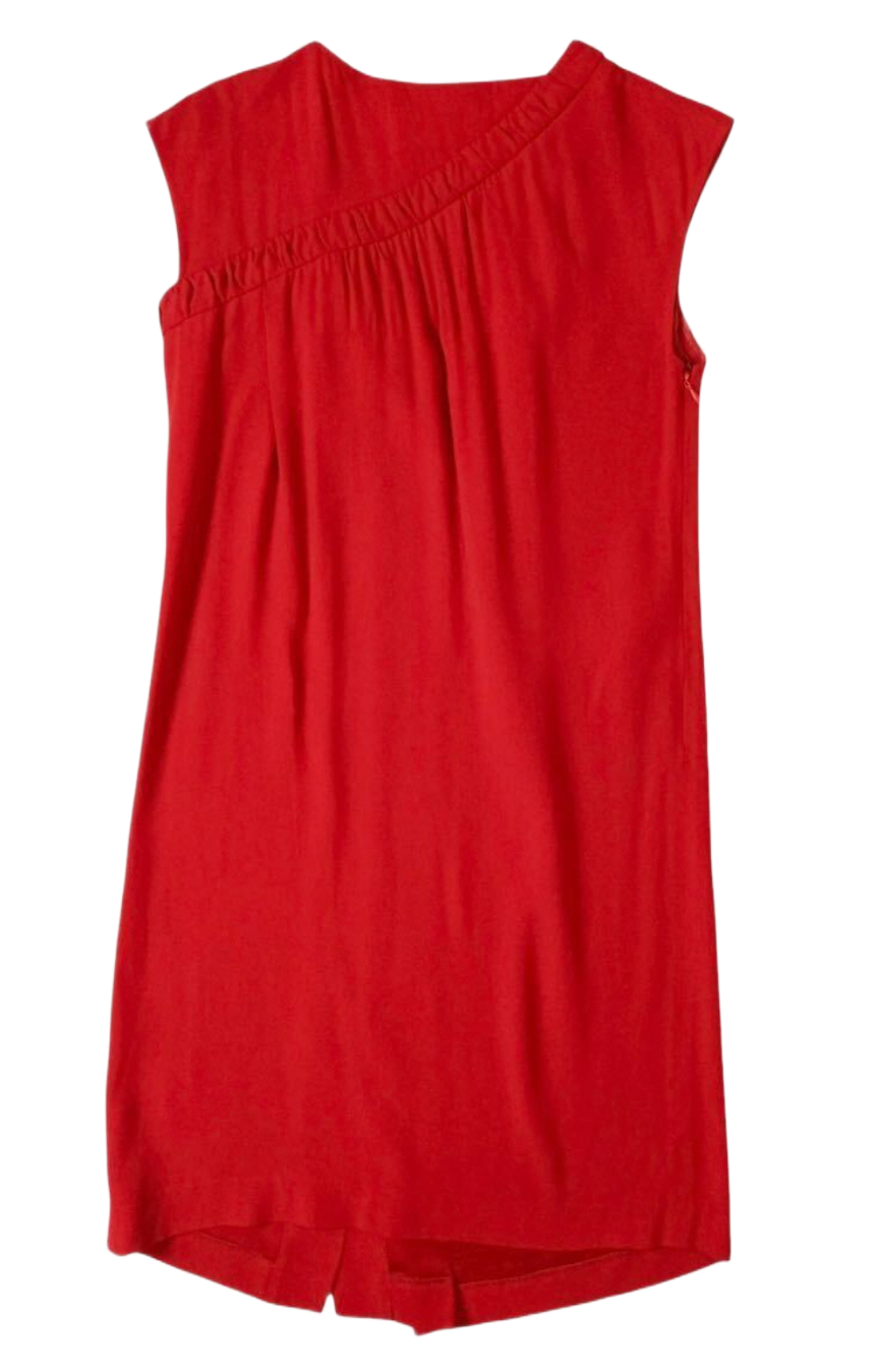 Prada Red layered pleat sless shift Dress w Bow