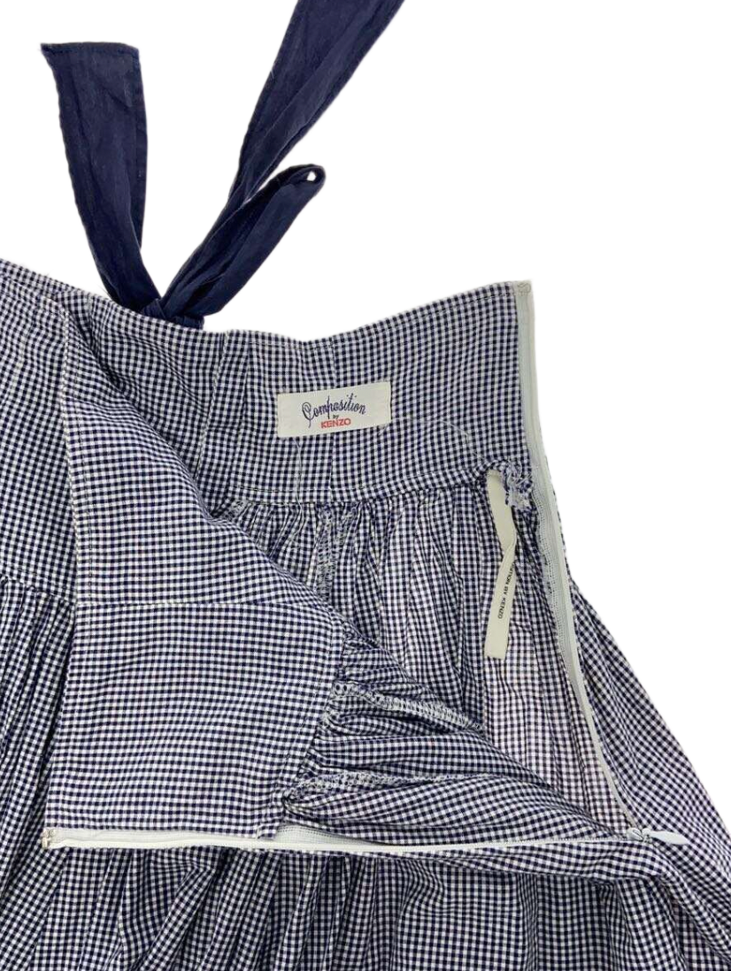 Kenzo Composition by Kenzo Navy White Checkered Drop Waist Gathered Skirt