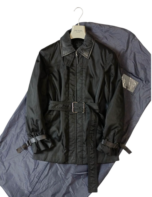 Prada nylon leather collar buckle sleeve and belt coat