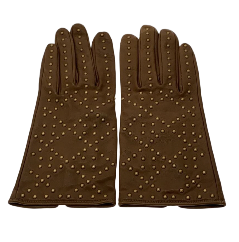 Christian Dior Gold Studded Tan Leather Gloves