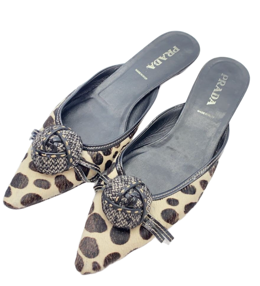 Prada Polka Dot Fur w Floral Corsage Flats Sz 37.5