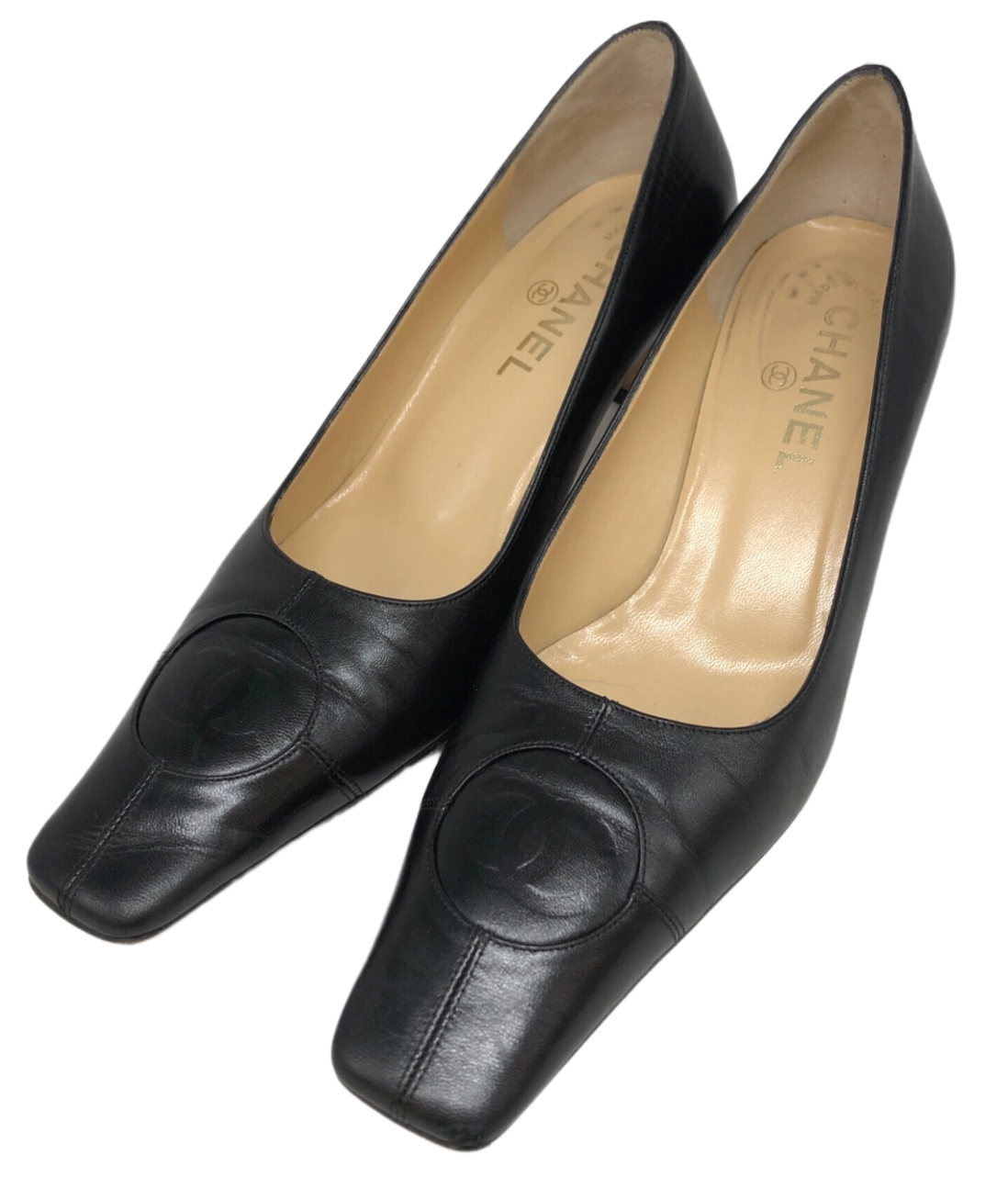 Chanel Coco Square Toe logo cap toe leather pumps