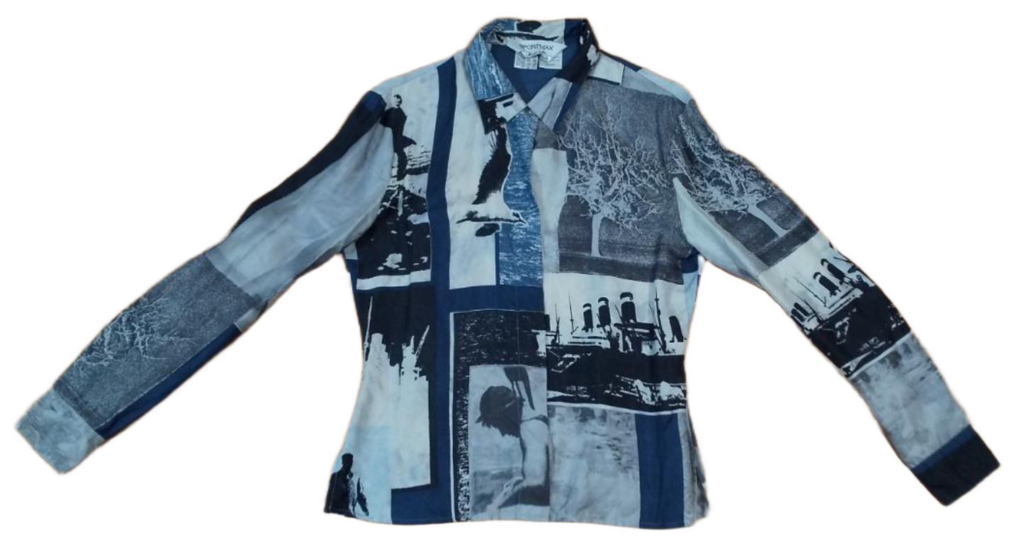 Sportmax Silk Postcard Graphic Photograph Blouse Button Down LS