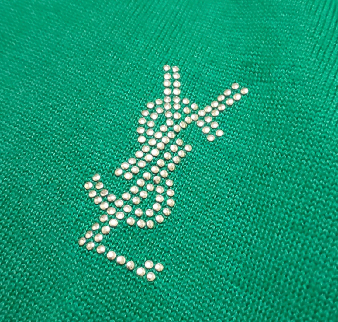 Yves saint laurent LS green polo gold 1/4 button down rhinestone logo knit