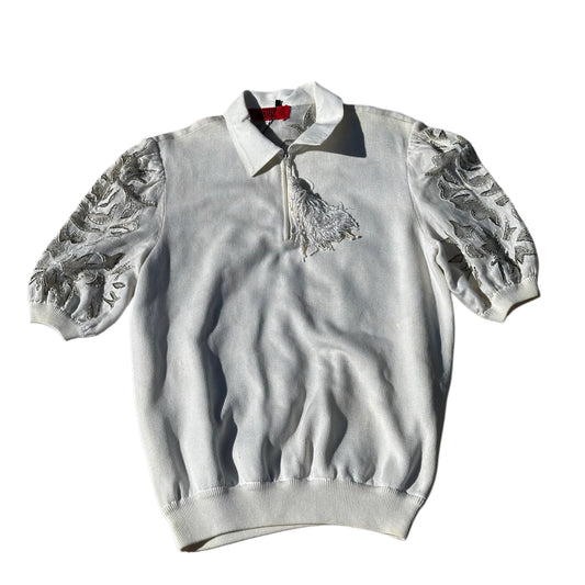 Valentino Night White Knit Polo w Metallic Floral Sleeve & Tassle Zipper