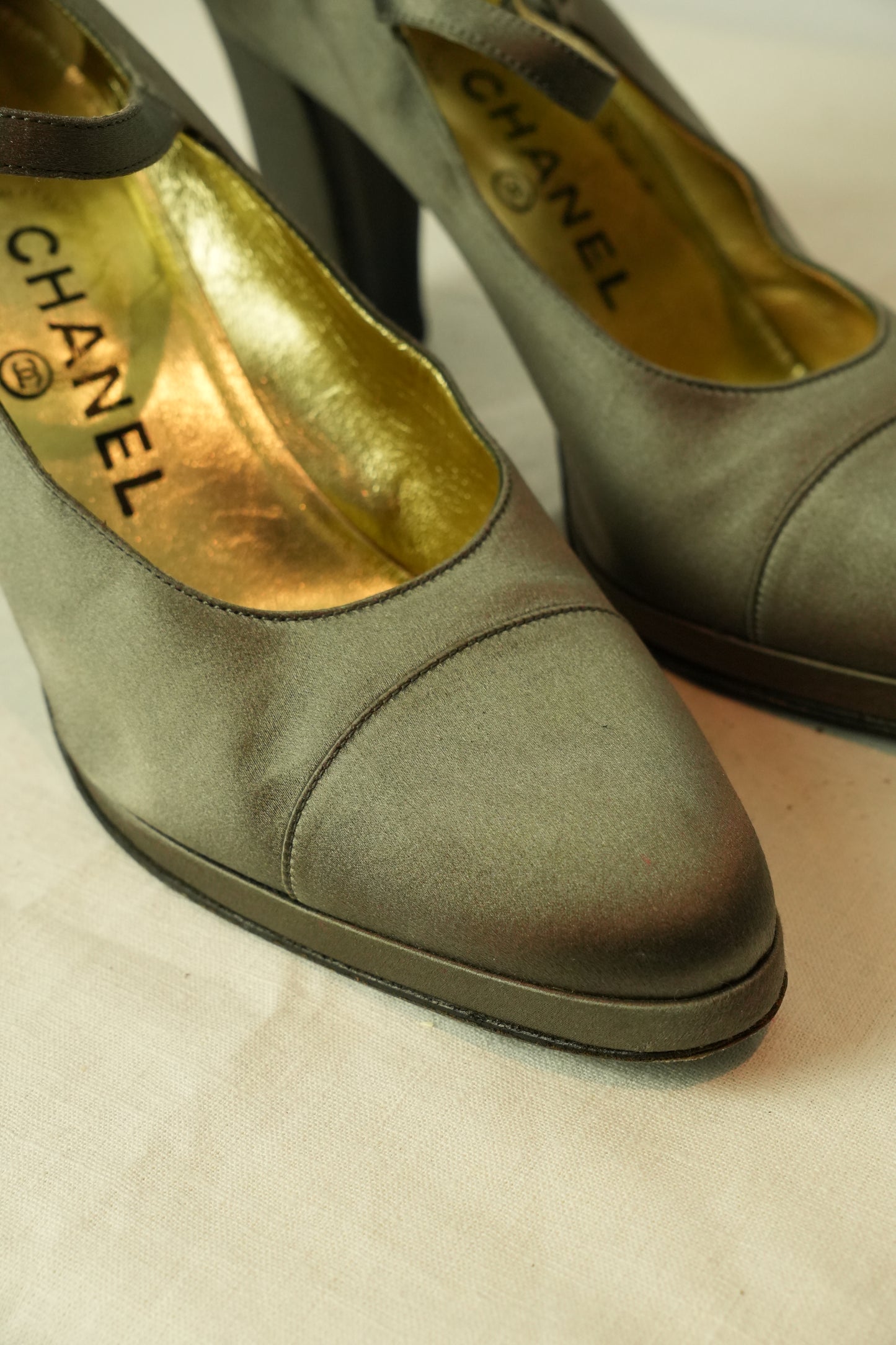 Chanel Grey Satin Mary Jane Pumps Sz 38