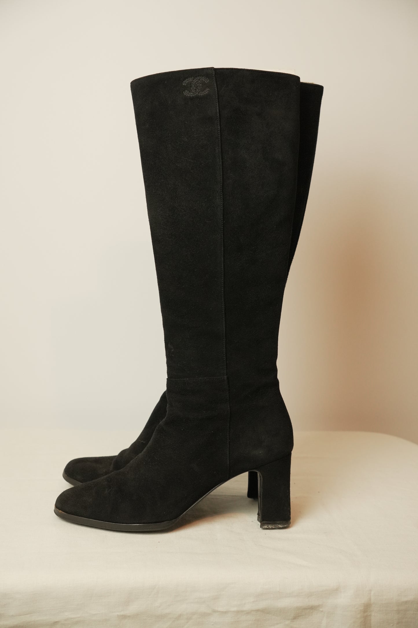 Chanel Suede Long Boots w Logo Sz 38