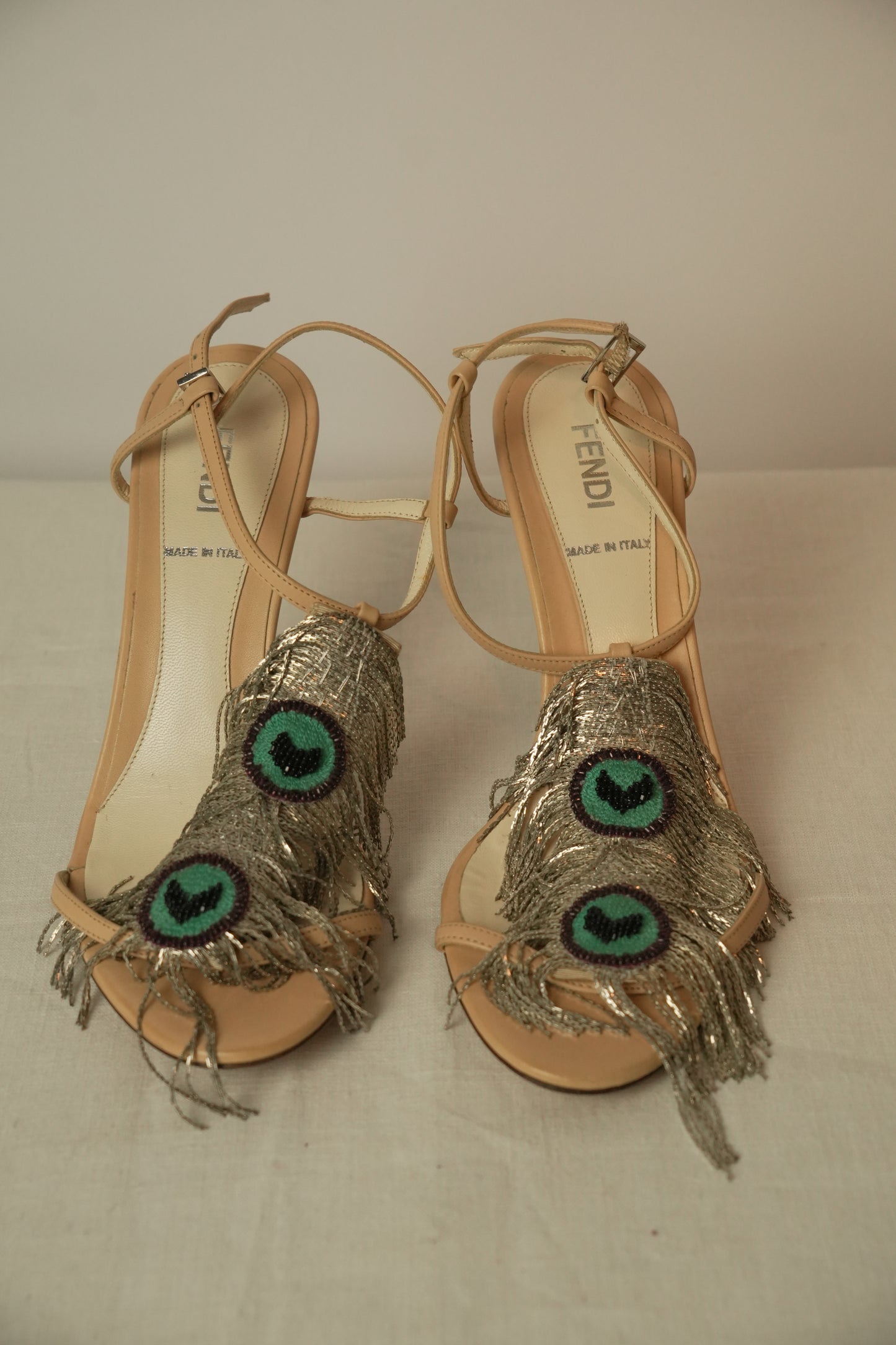 Fendi Beige Leather Metal Peacock Feather T Strap Sandal Sz 35.5