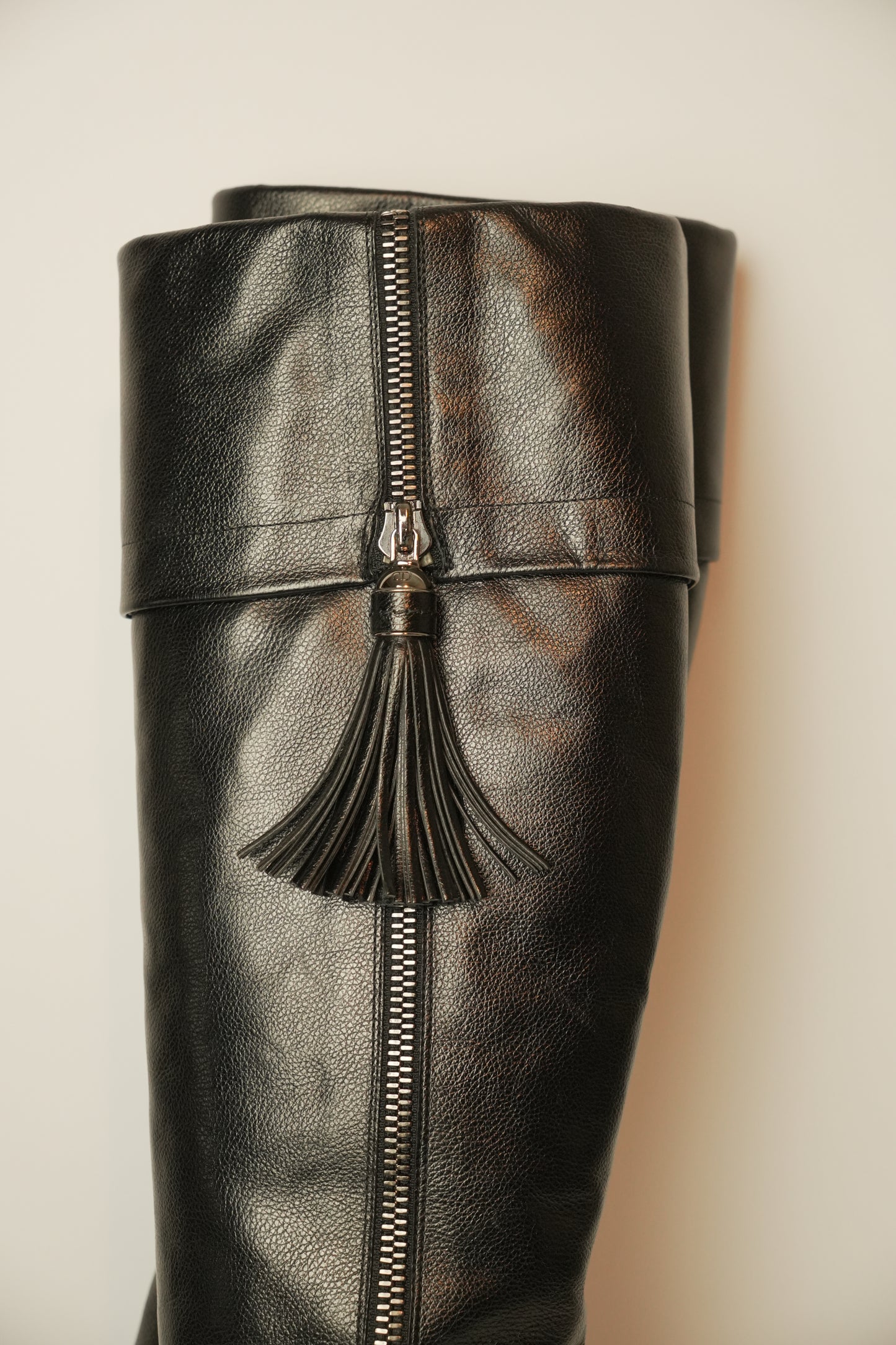Christian Dior Black Leather Boots w Zipper Tassel Sz37
