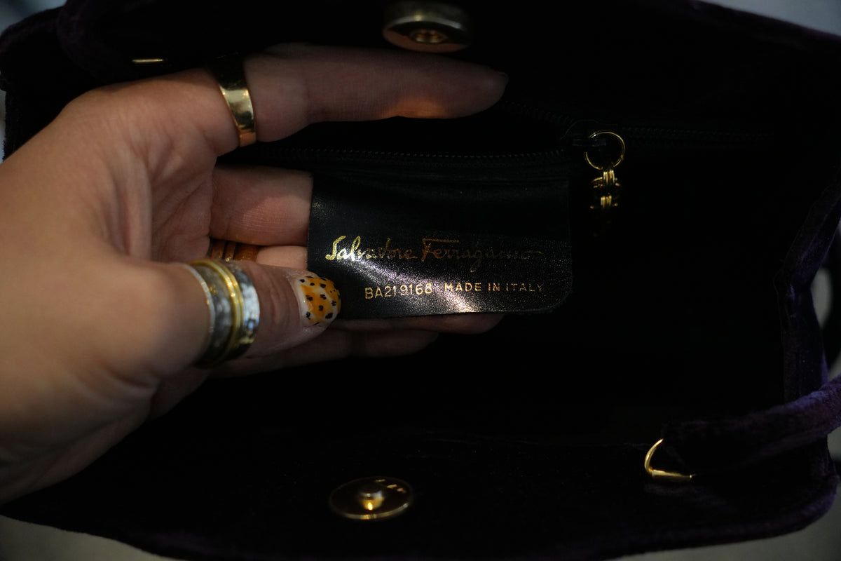 Salvatore Ferragamo Purple Velvet Clutch Crossbody with Gold Ribbon Buckle
