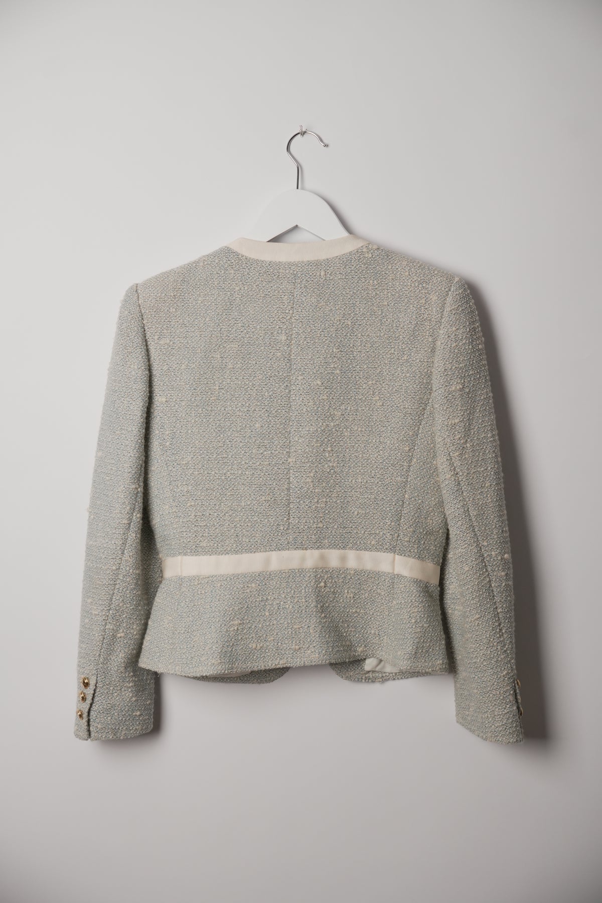 Valentino Blue White Tweed Ribbon Trim Collarless Gold Button Down Blazer