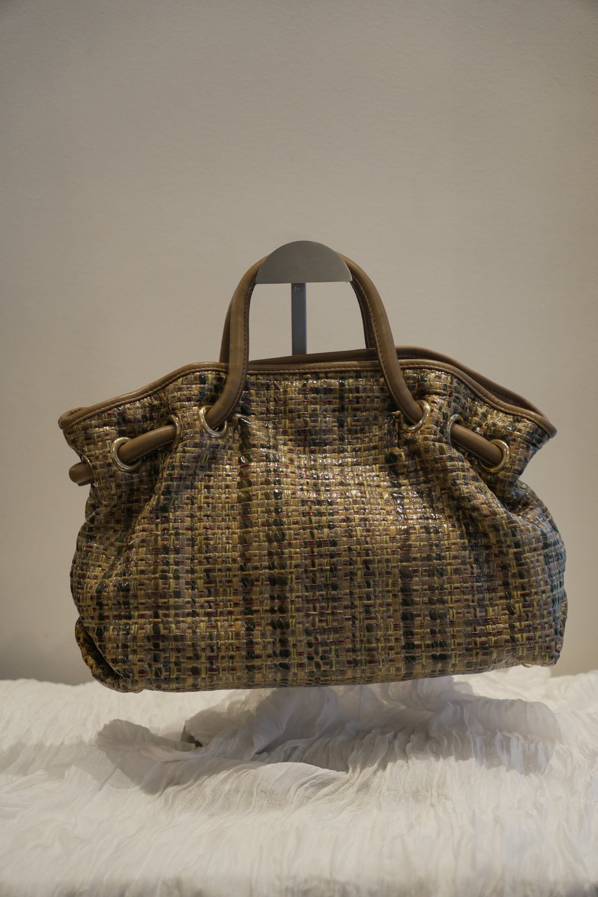 Furla Woven Tweed Leather Beige Green Handbag