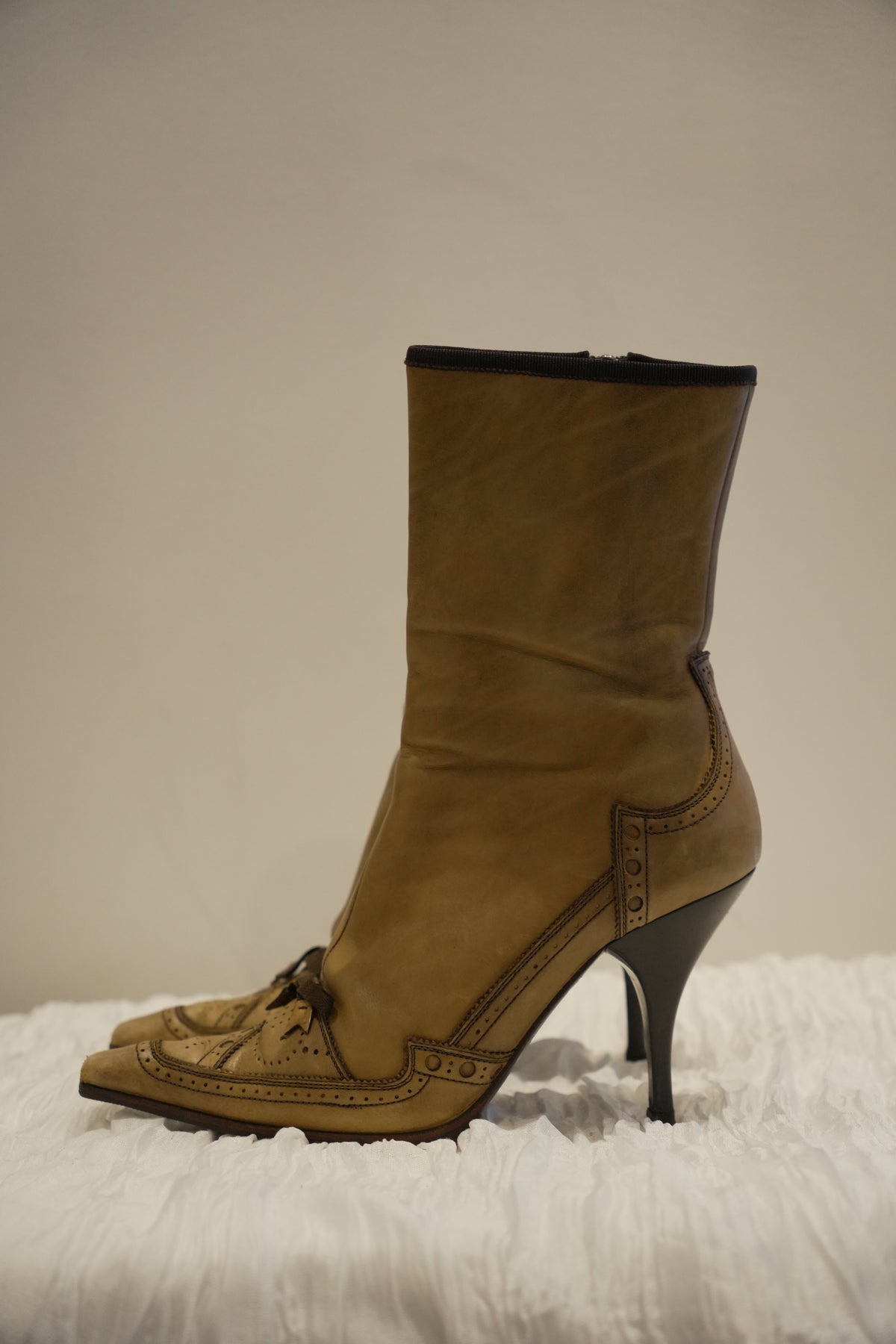 Prada Brown Perforated Leather with Bow Boots Sz37