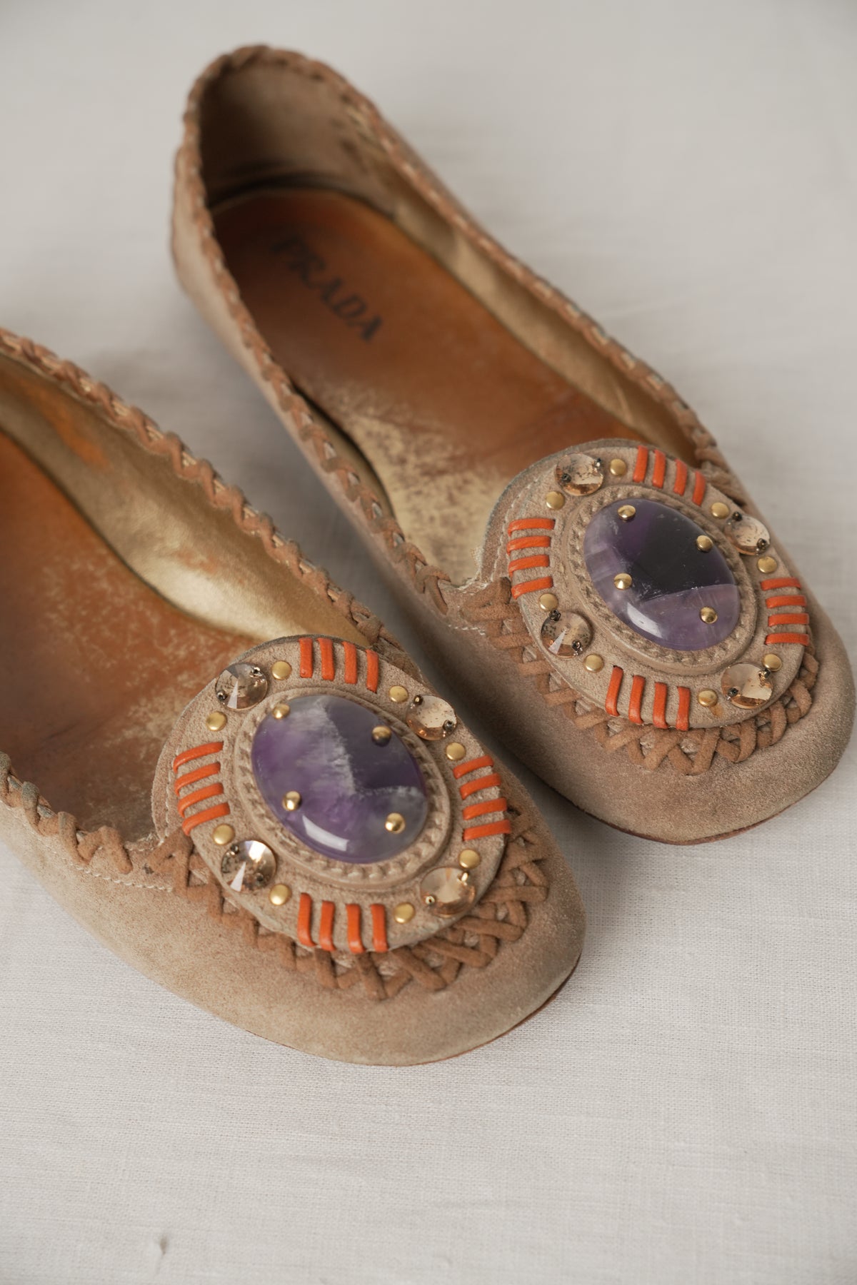 Prada Suede Flats w Leather Stitch Trim & Purple Gemstone Sz37