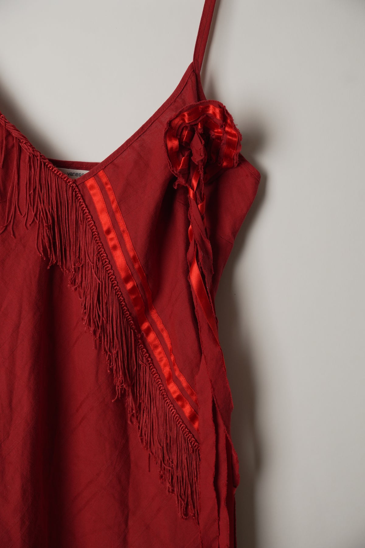 Vanessa Bruno Red Lace Trim with Floral Brooch Spaghetti Strap Mini Dress