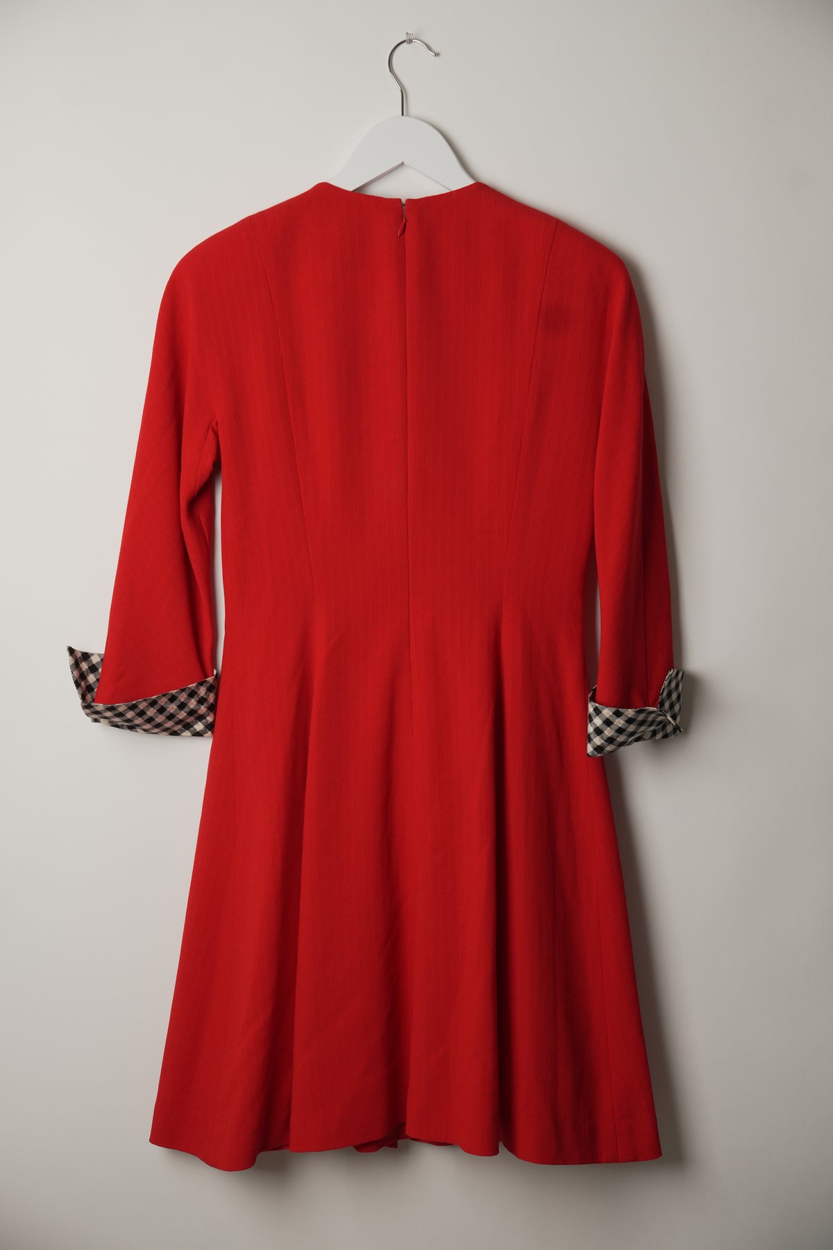 Christian Dior Red Long Sleeve Button Down Dress with Checkered Fold Over Sleeve