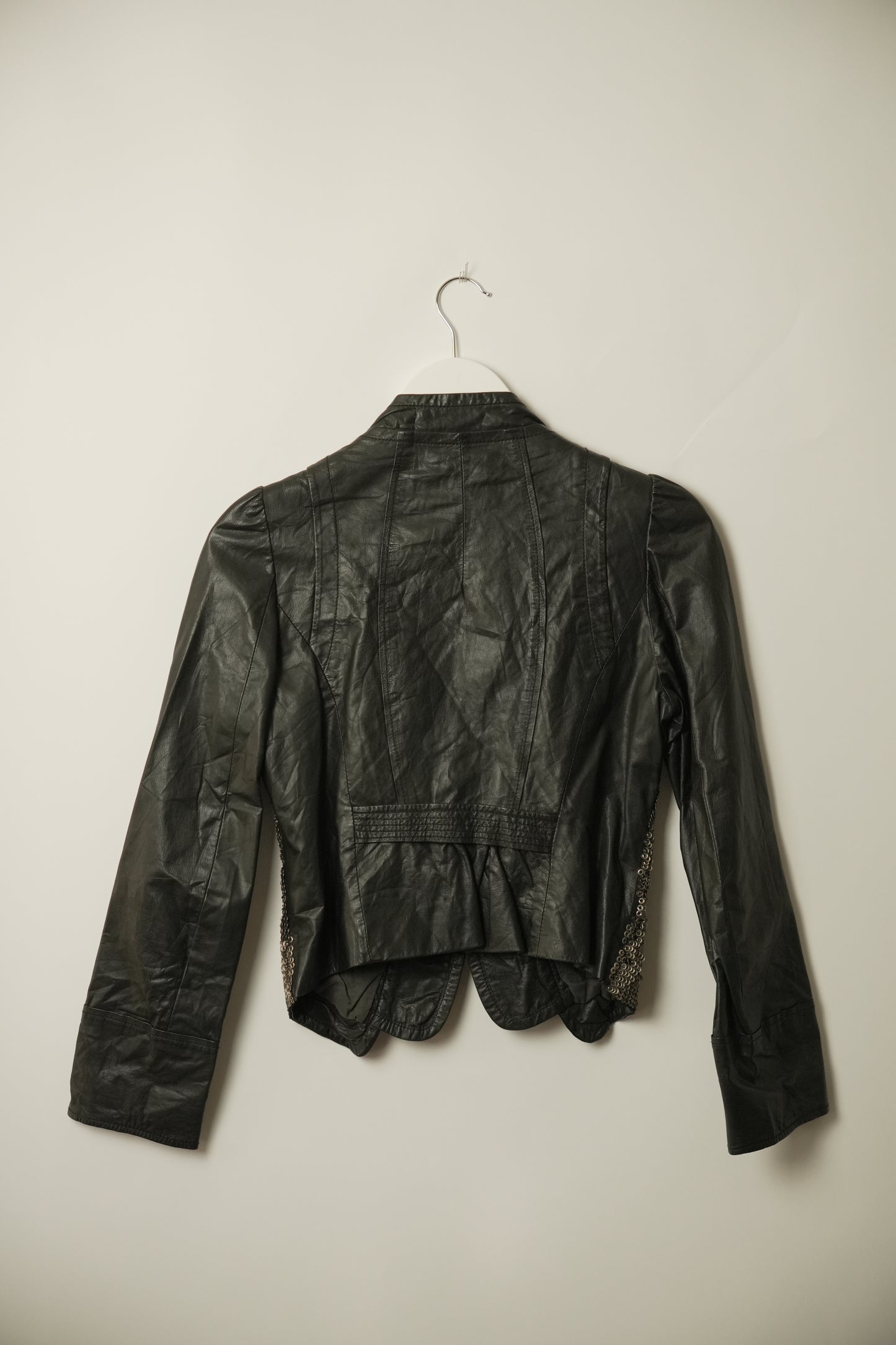 Black Heavy Sequin Chainmail Leather Jacket w Floral Brooch