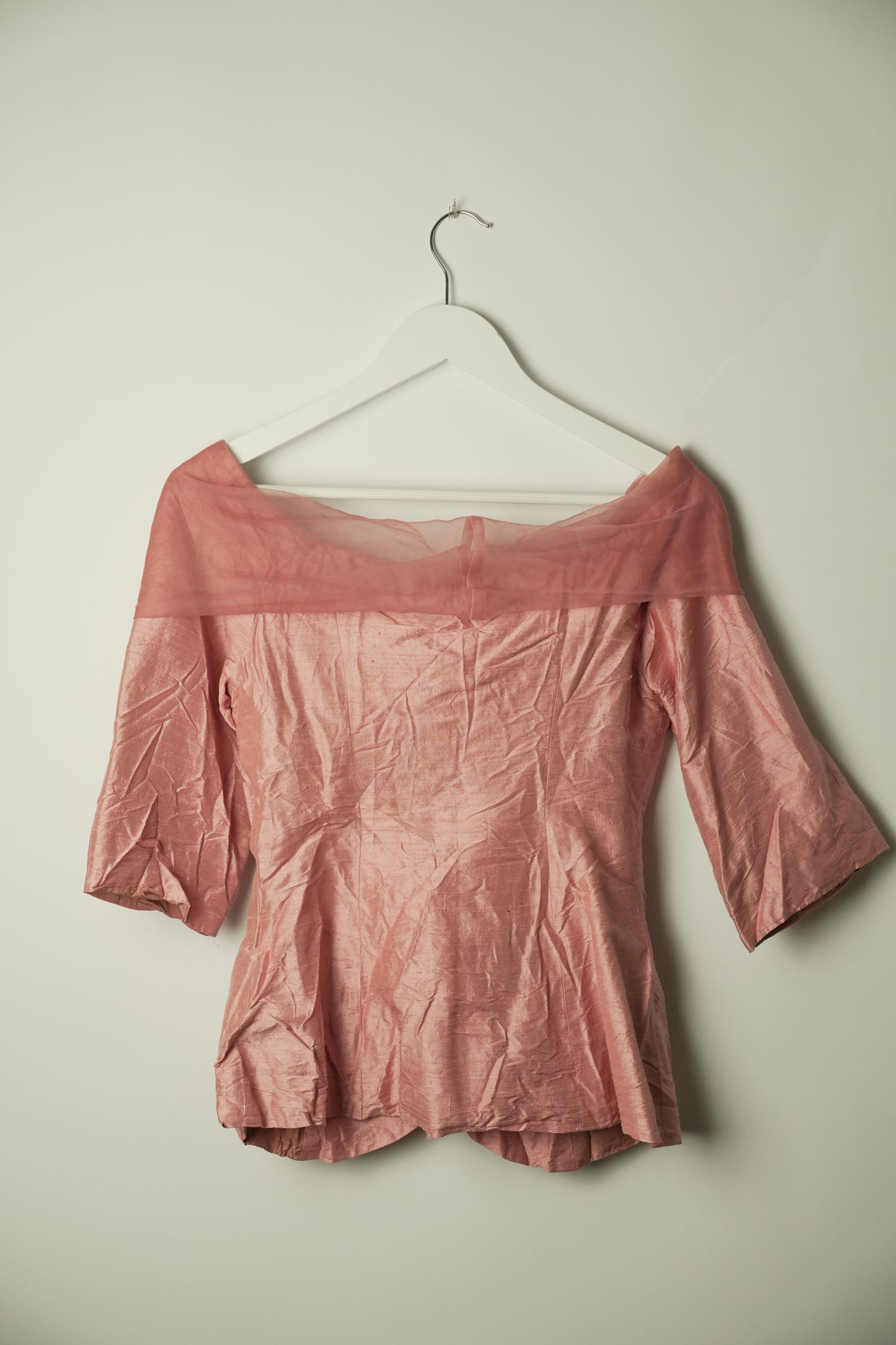 Vintage Pink Organza Boat Neck 3/4 Sleeve Button Down Blouse