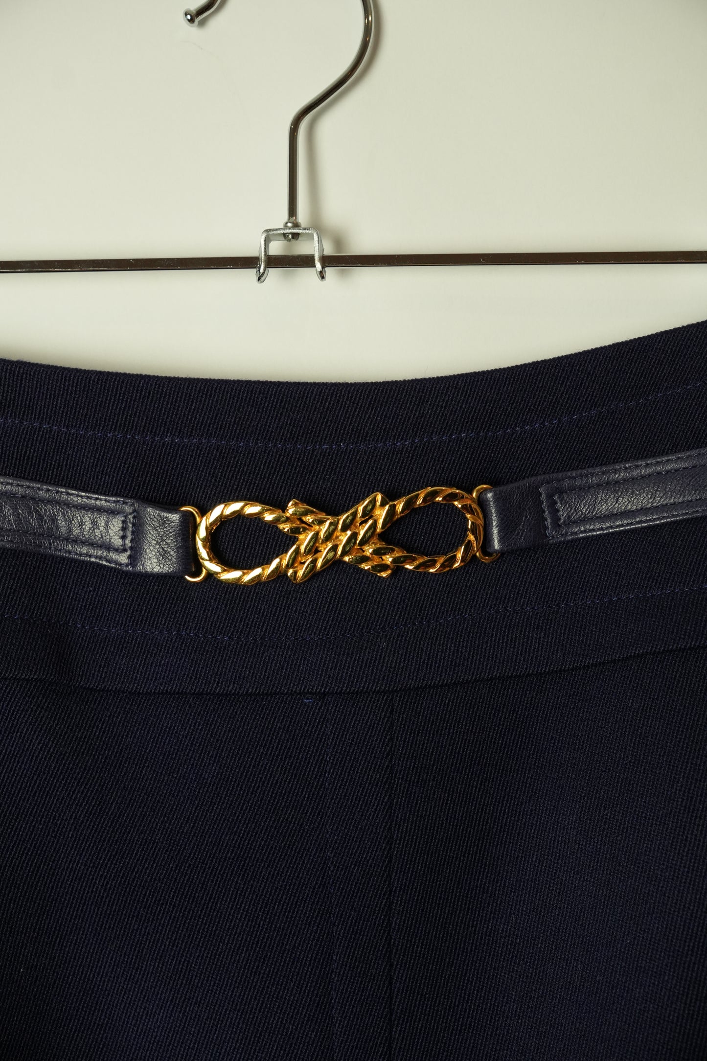 Celine Navy Pencil Skirt W Gold Buckle & Leather Detailing