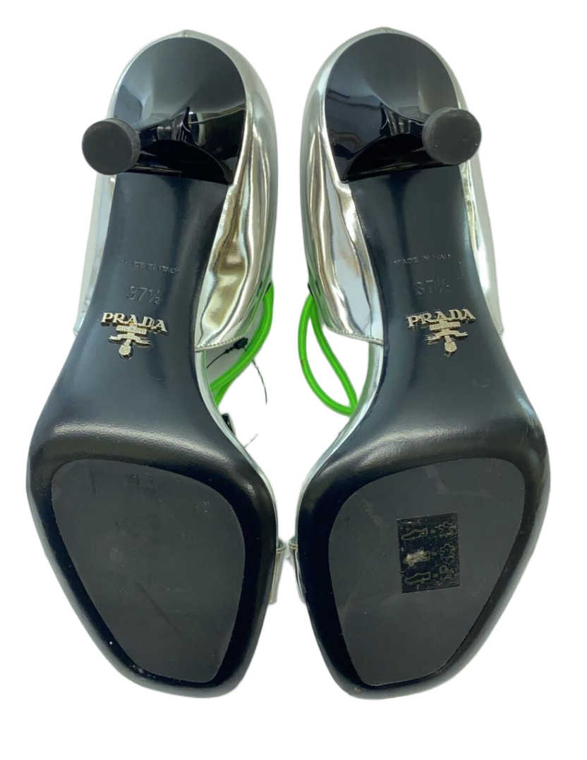 Prada Silver Logo Neon Green Heels 37.5