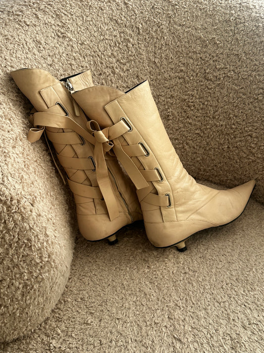 Giuseppe Zanotti Light Beige Leather Back Lace Mid Calf Kitten Heel Boot Sz 39