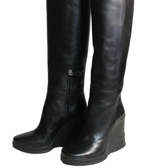 Prada Rubber Wedge Knee High Leather Boots Sz 38