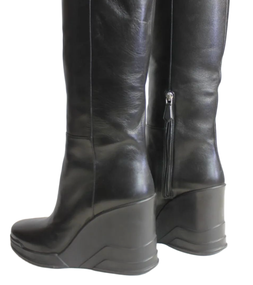 Prada Rubber Wedge Knee High Leather Boots Sz 38