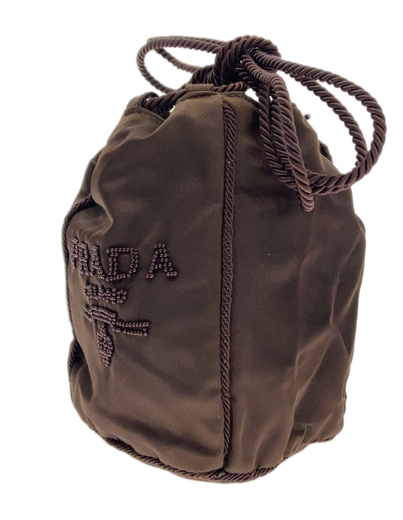 Prada Nylon Brown Beaded Logo Mini Bucket Bag