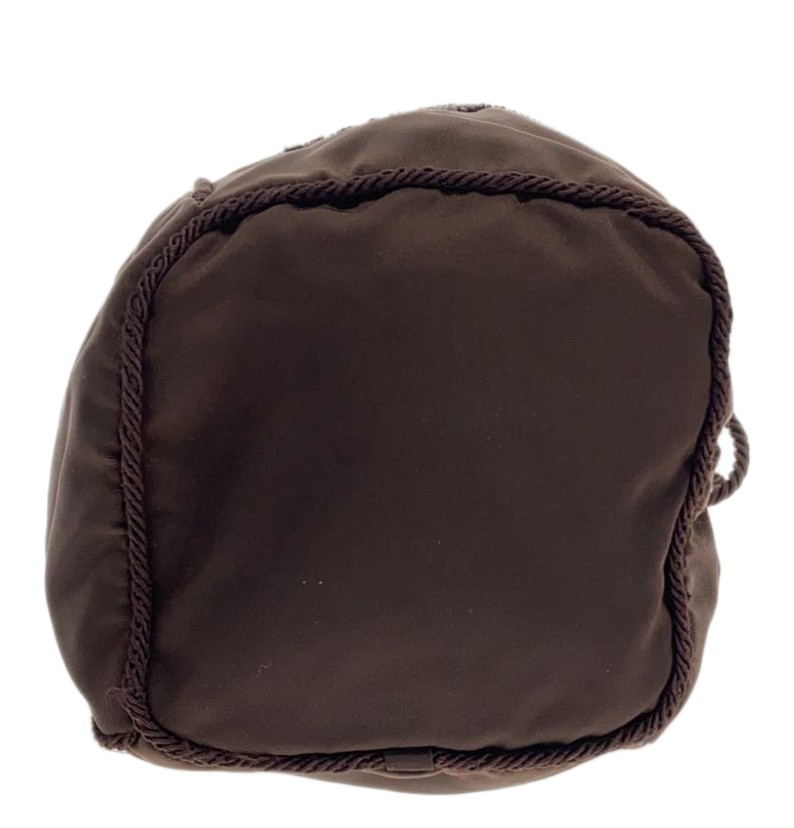 Prada Nylon Brown Beaded Logo Mini Bucket Bag