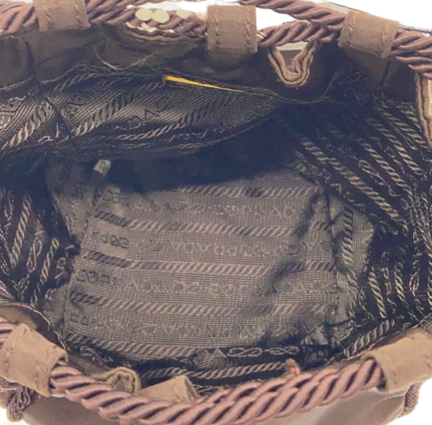 Prada Nylon Brown Beaded Logo Mini Bucket Bag