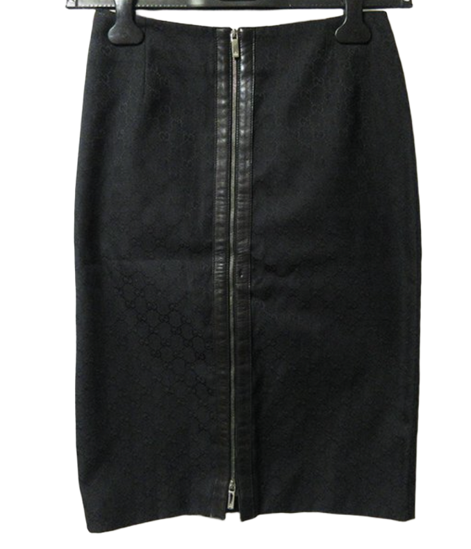 Gucci Monogram Leather Trim Zipper Black Pencil Skirt